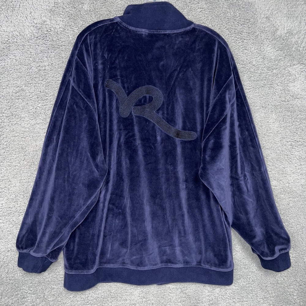 VTG Rocawear Sweater Womens XL Blue Velour Hoodie Full Zip Back Hit Logo Jacket